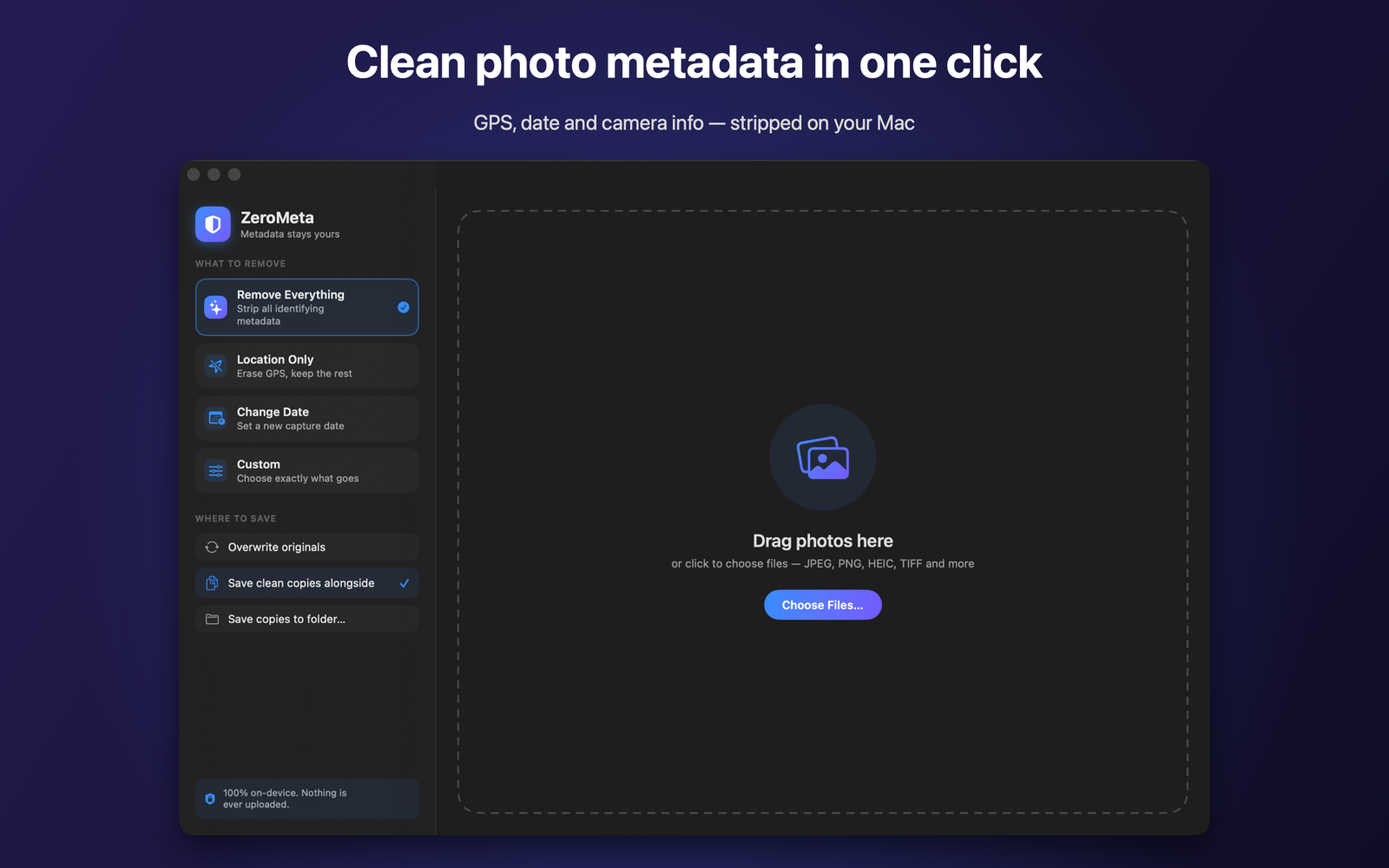 ZeroMeta app showing photos ready to clean