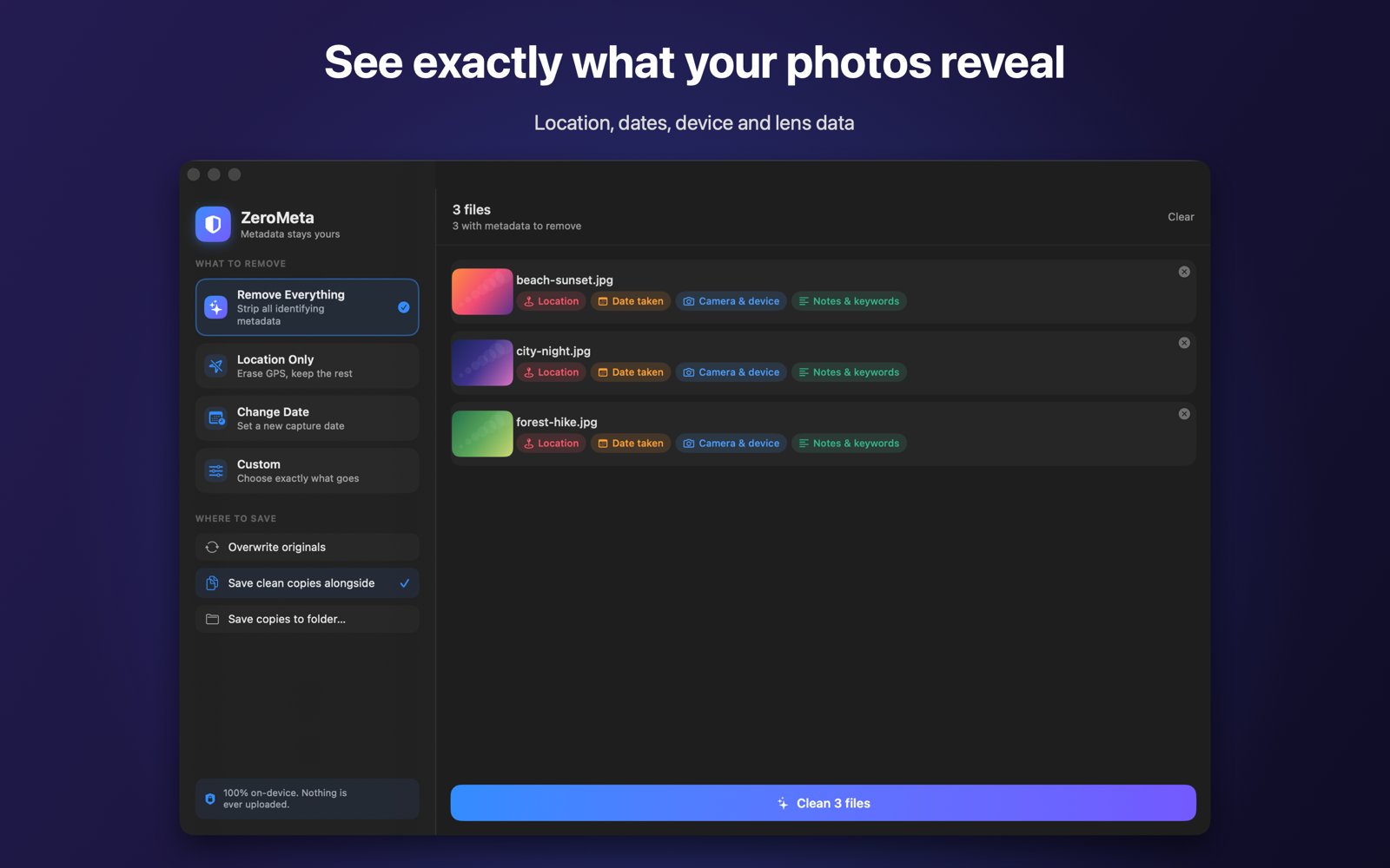 ZeroMeta revealing the metadata present in a photo